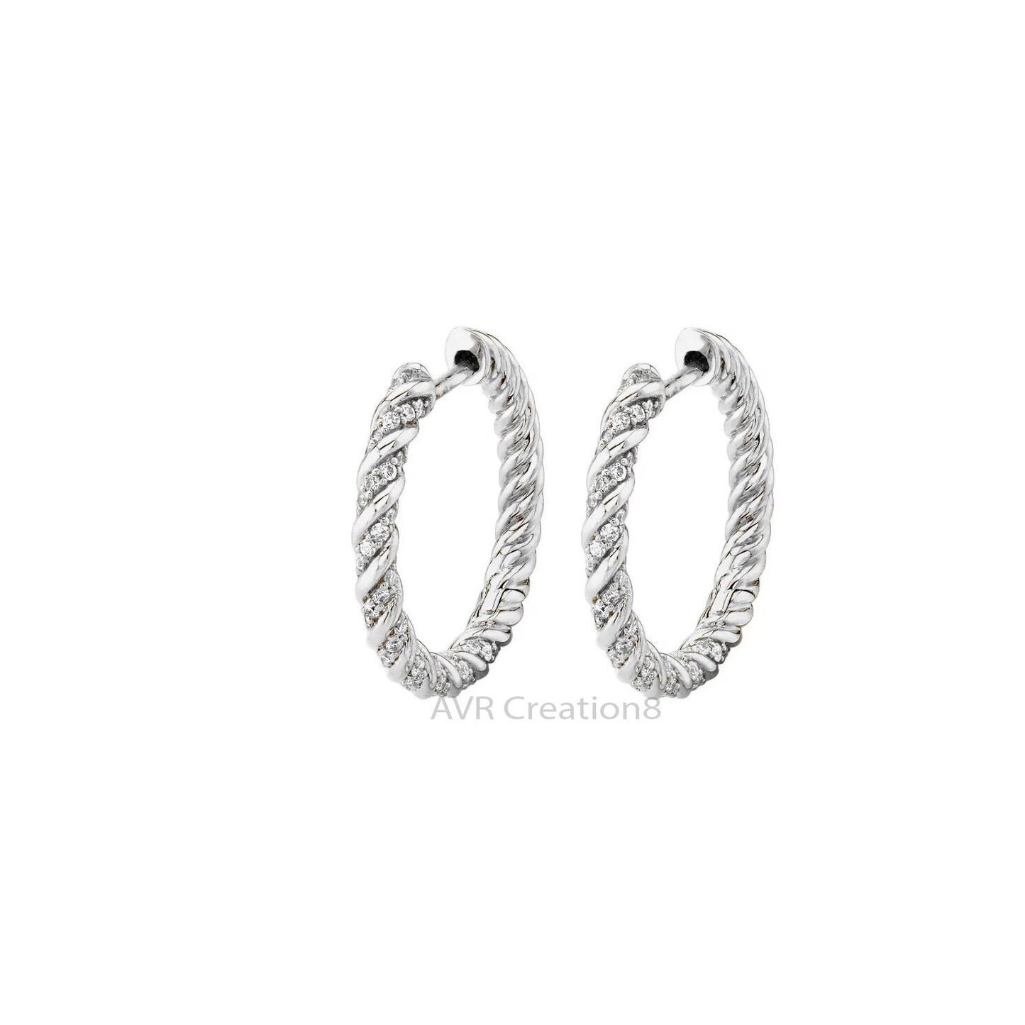 Women's Twisted Diamond Hoop Earrings, Diamond Earrings For Her, Handmade Earrings, 14K White Gold Plated Hoop Earrings, Gift For Girlfriend