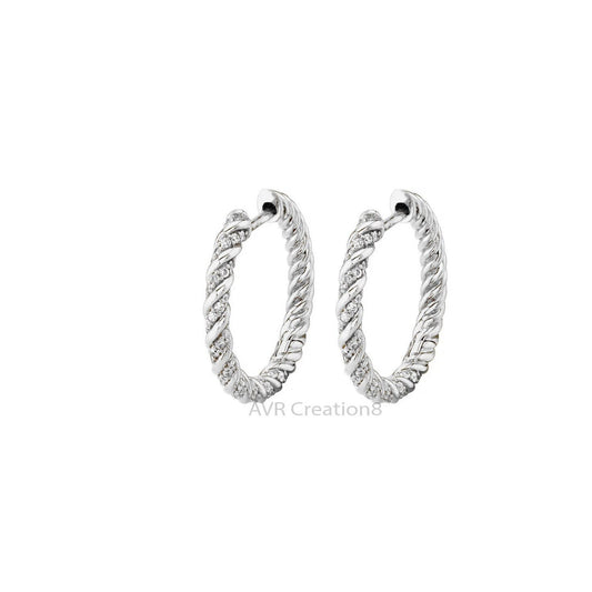 Women's Twisted Diamond Hoop Earrings, Diamond Earrings For Her, Handmade Earrings, 14K White Gold Plated Hoop Earrings, Gift For Girlfriend