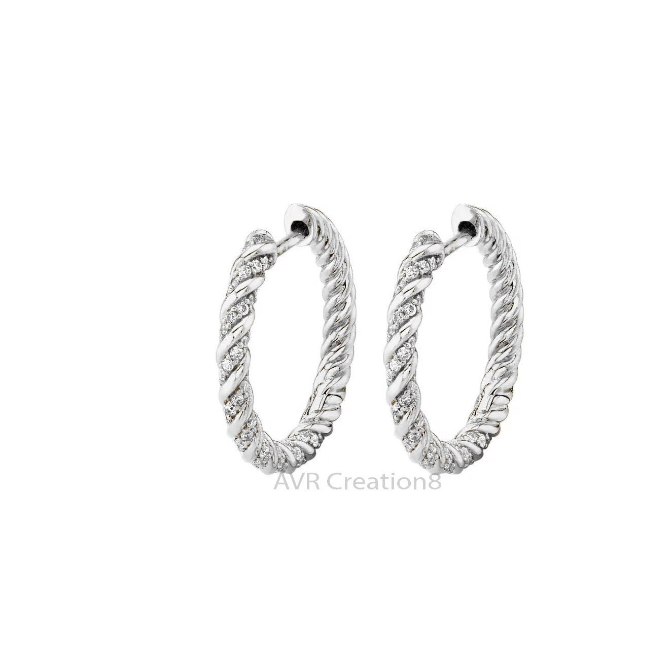 Women's Twisted Diamond Hoop Earrings, Diamond Earrings For Her, Handmade Earrings, 14K White Gold Plated Hoop Earrings, Gift For Girlfriend