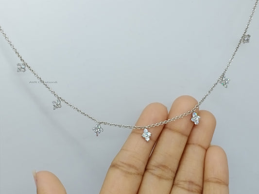 Diamond Flower Station Necklace Pendant, Four Stone Diamond Station Necklace, Daily Use Pendant, 14K White Gold Plated, Gifts For Her