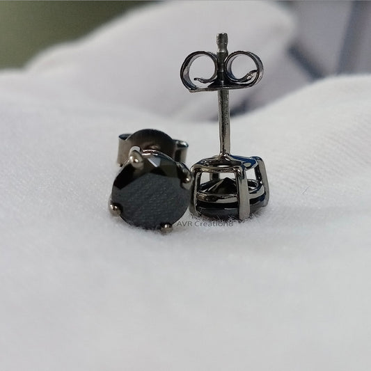 Black Diamond Solitaire Stud Earrings, Round Cut Diamond Stud Earrings, Gift For Girlfriend, 925 Sterling Silver, Earrings For Women
