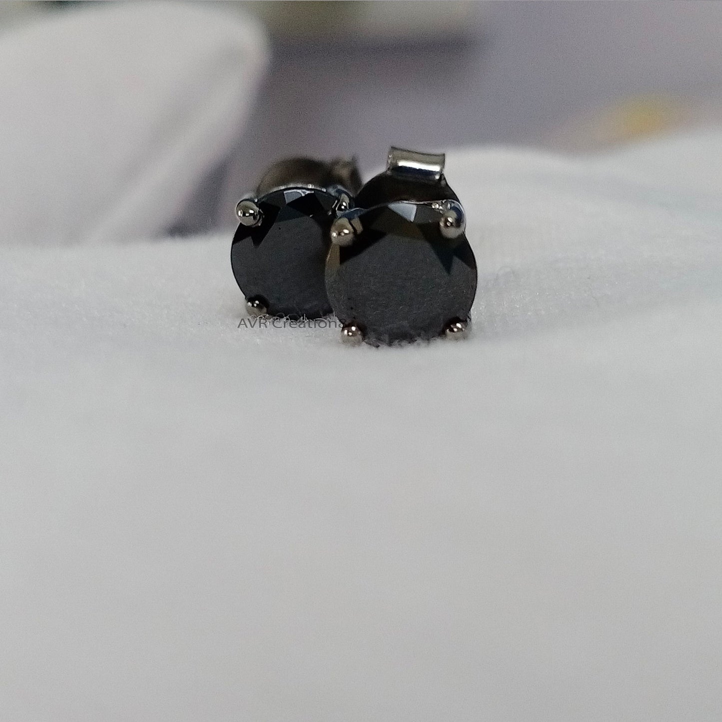 Black Diamond Solitaire Stud Earrings, Round Cut Diamond Stud Earrings, Gift For Girlfriend, 925 Sterling Silver, Earrings For Women