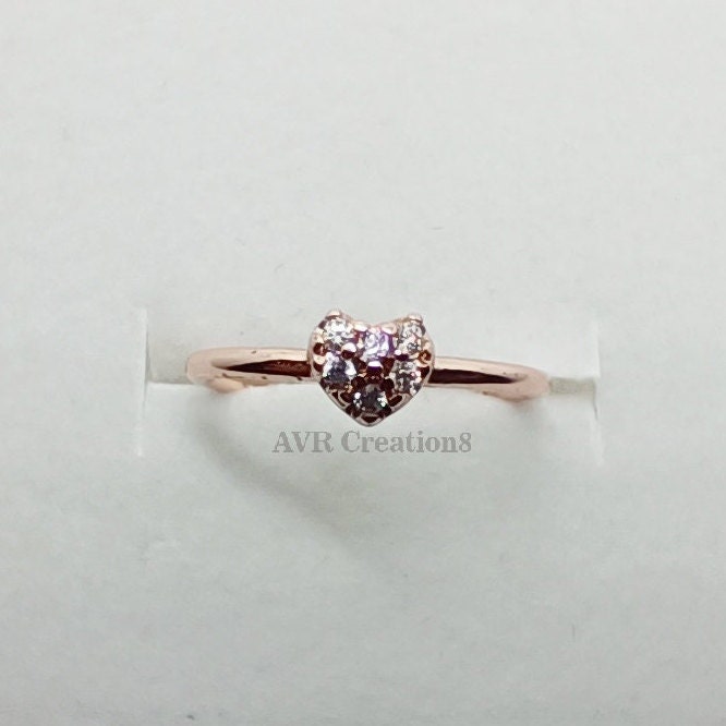 Tiny Heart Shape Diamond Promise Ring For Her, Pave Set Diamond Ring, Dainty Stackable Ring, 14K Rose Gold Plated, Handmade Ring For Woman