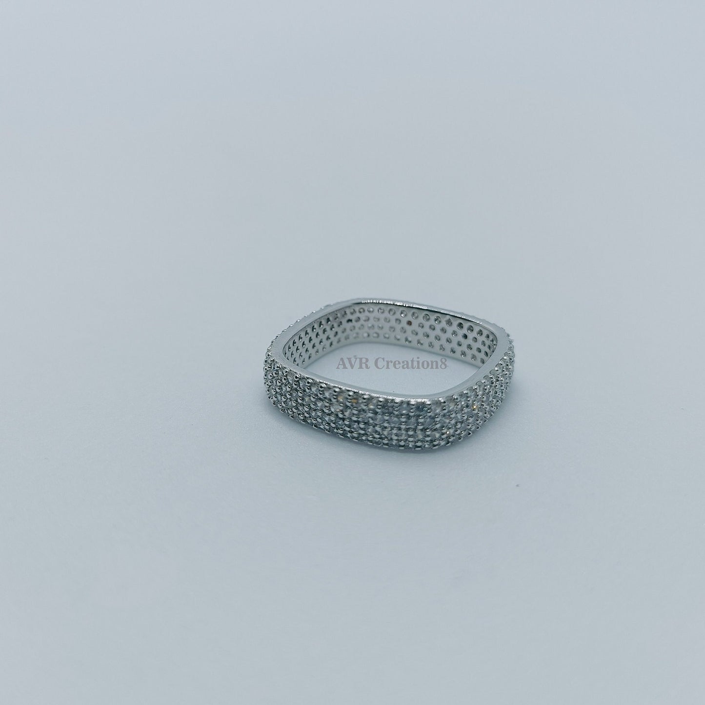 Square Pave Eternity Band | Cubic Zirconia Ring | White Gold Tone Ring | Stackable Statement Ring | Wide Wedding Band | Gift for Her