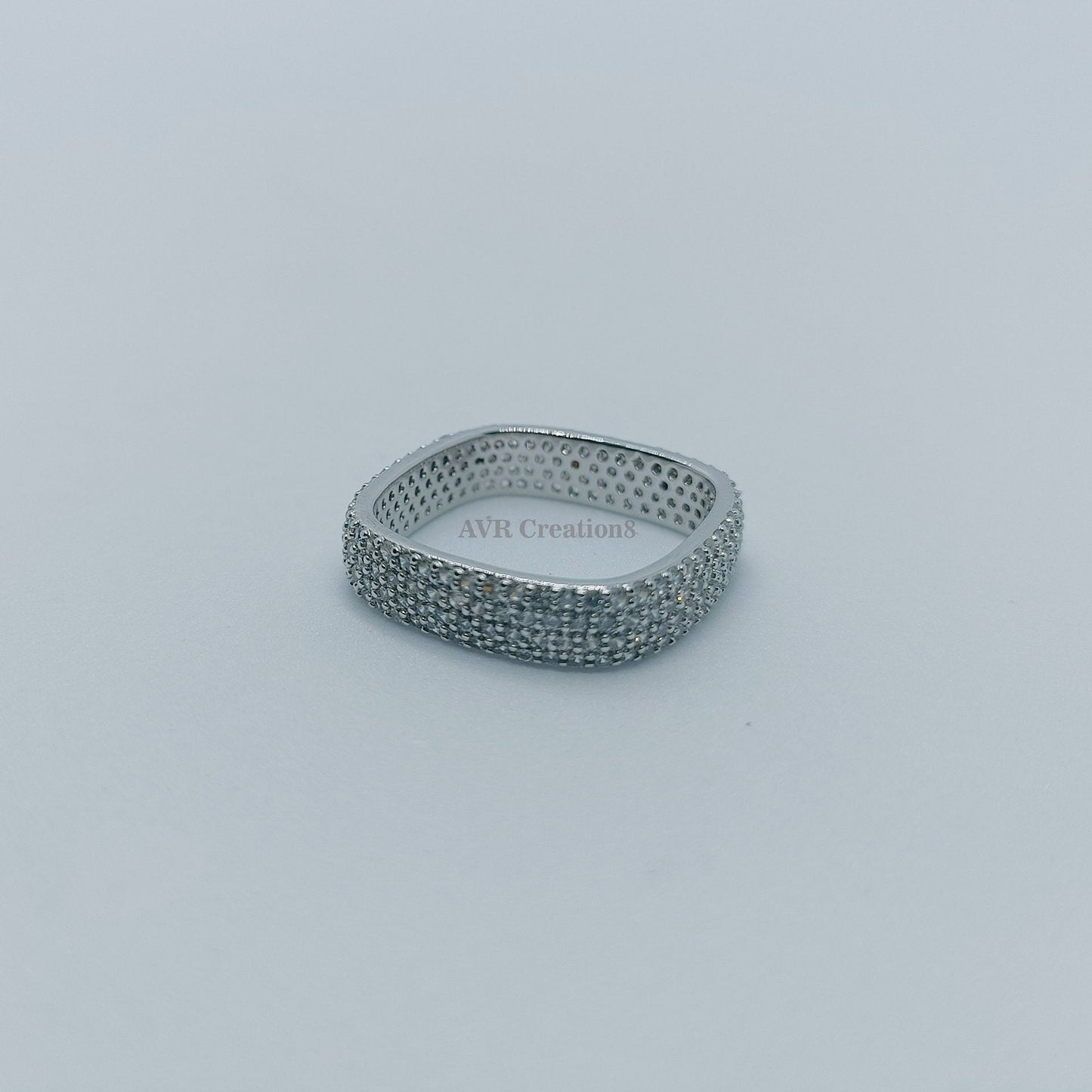 Square Pave Eternity Band | Cubic Zirconia Ring | White Gold Tone Ring | Stackable Statement Ring | Wide Wedding Band | Gift for Her