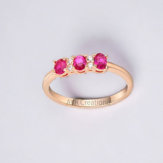Pink Ruby & Diamond Wedding Ring For Women, Three GemStone Ring, 14K Rose Gold Plated, 925 Sterling Silver, Anniversary Gifts, Gifts For Her