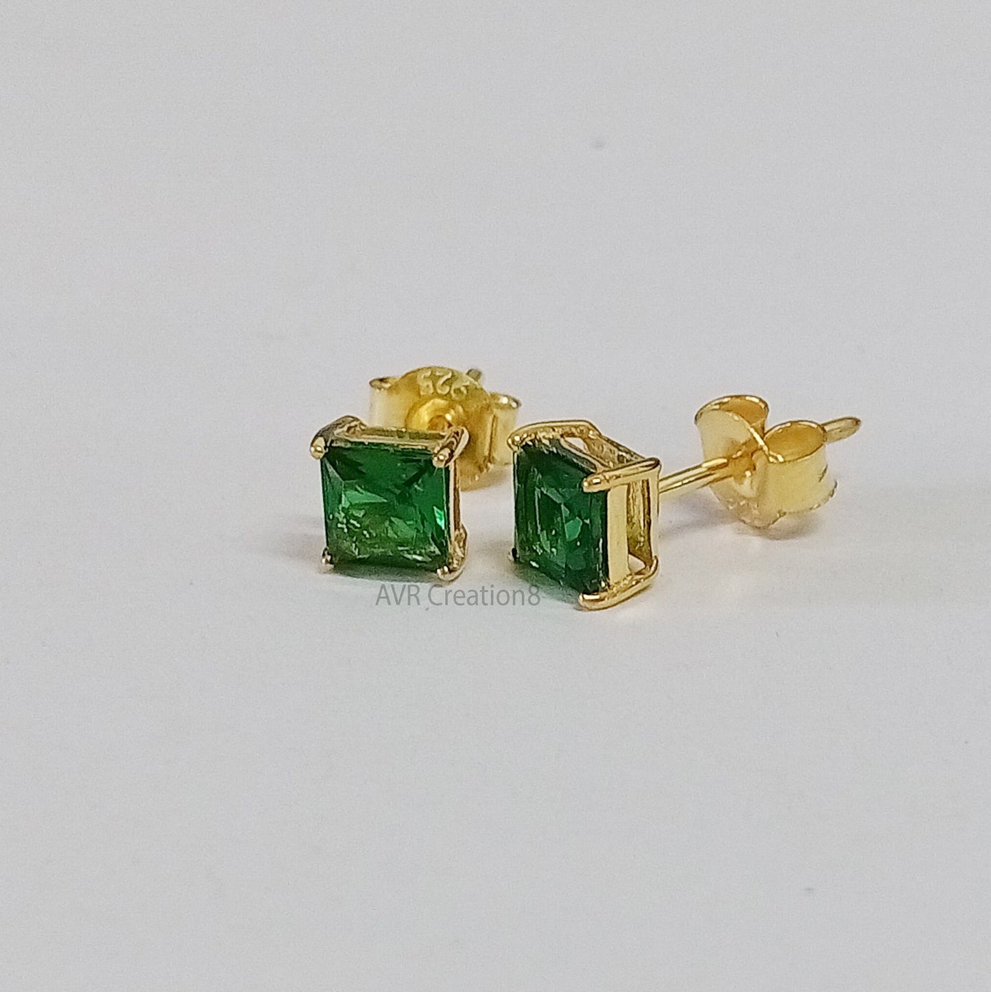 Emerald Green Stud Earrings | Square Cut Green Studs | 14k Gold Plated 925 Sterling Silver | Dainty Everyday Earrings | Gift for Her