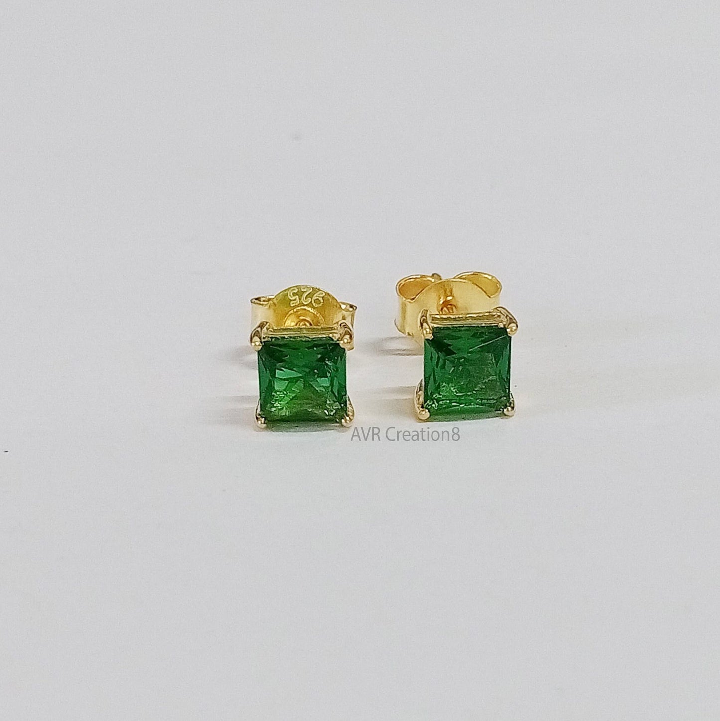 Emerald Green Stud Earrings | Square Cut Green Studs | 14k Gold Plated 925 Sterling Silver | Dainty Everyday Earrings | Gift for Her