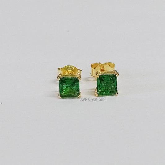 Emerald Green Stud Earrings | Square Cut Green Studs | 14k Gold Plated 925 Sterling Silver | Dainty Everyday Earrings | Gift for Her