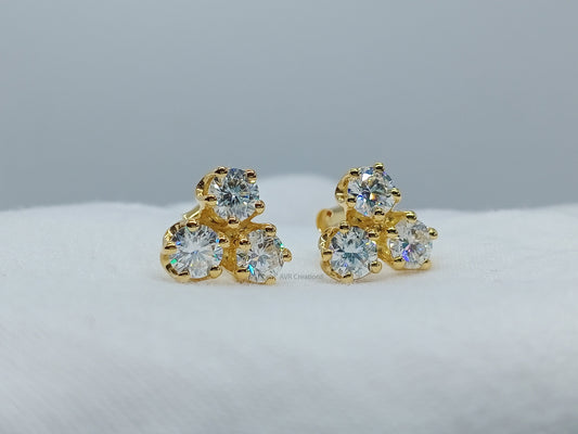 Solitaire Three Stone Stud Earrings, 14K Yellow Gold Plated, Stud Earrings, Handmade Gifts Earrings, Wedding Anniversary Gifts Earrings