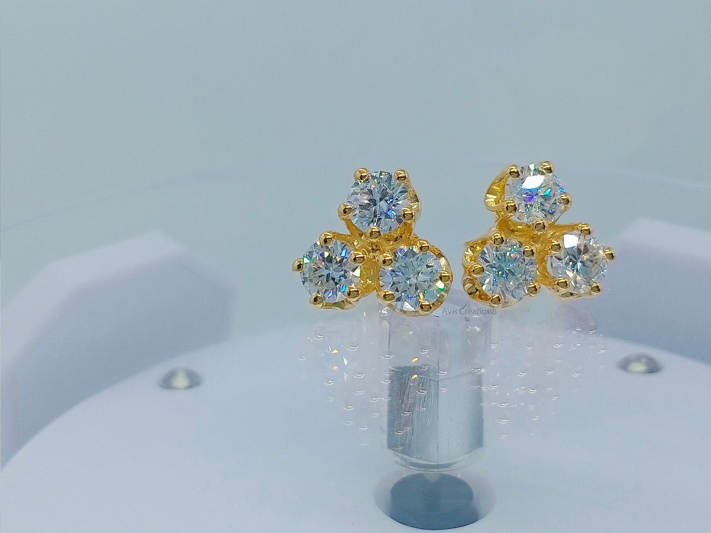 Solitaire Three Stone Stud Earrings, 14K Yellow Gold Plated, Stud Earrings, Handmade Gifts Earrings, Wedding Anniversary Gifts Earrings