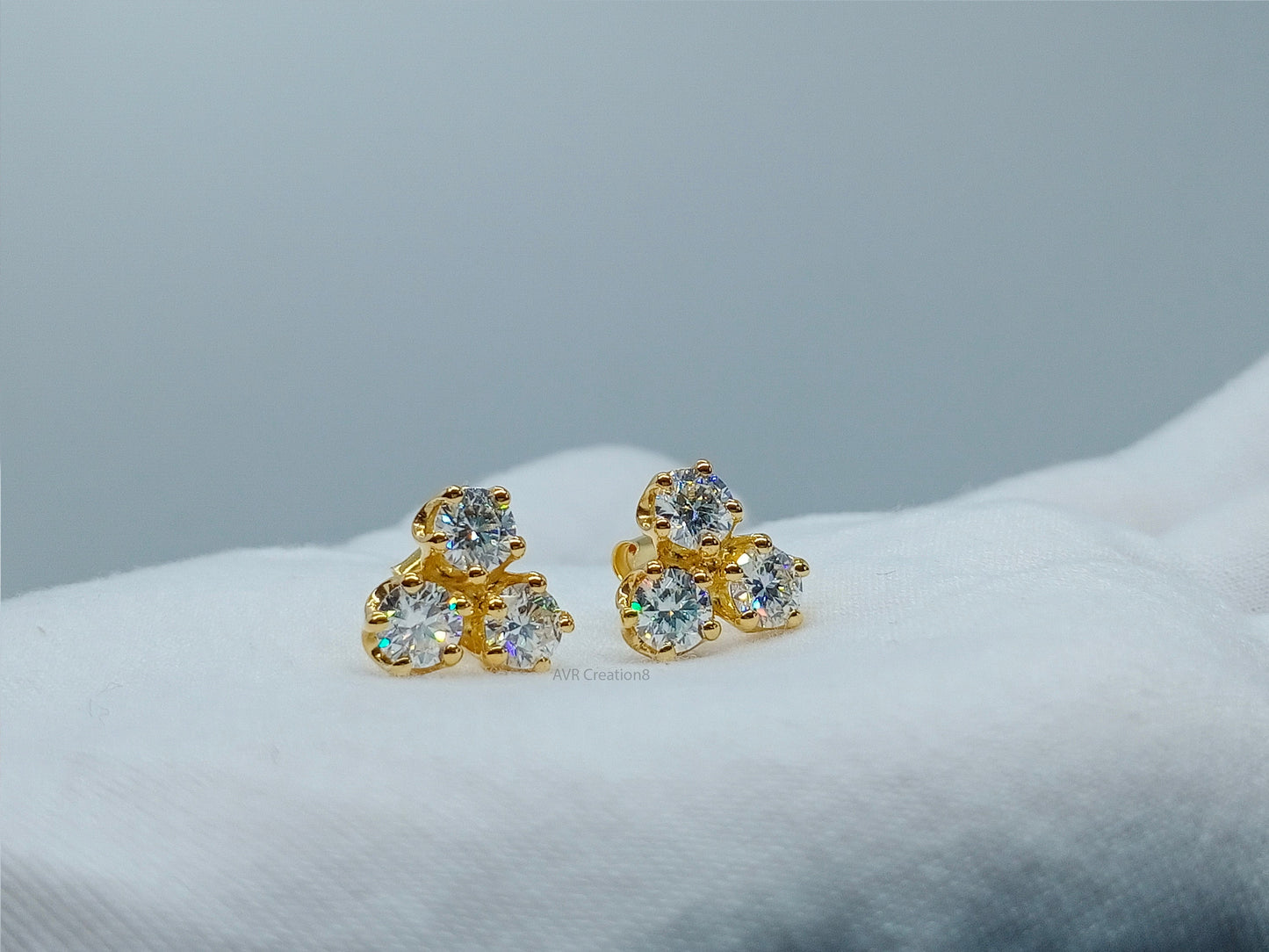 Solitaire Three Stone Stud Earrings, 14K Yellow Gold Plated, Stud Earrings, Handmade Gifts Earrings, Wedding Anniversary Gifts Earrings