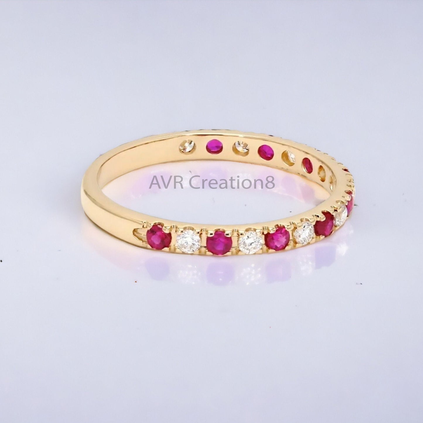 Ruby & Diamond/CZ Half Eternity Ring | Gold Stacking Band | July Birthstone Ring | Anniversary Gift For Her | Dainty Gemstone Ring