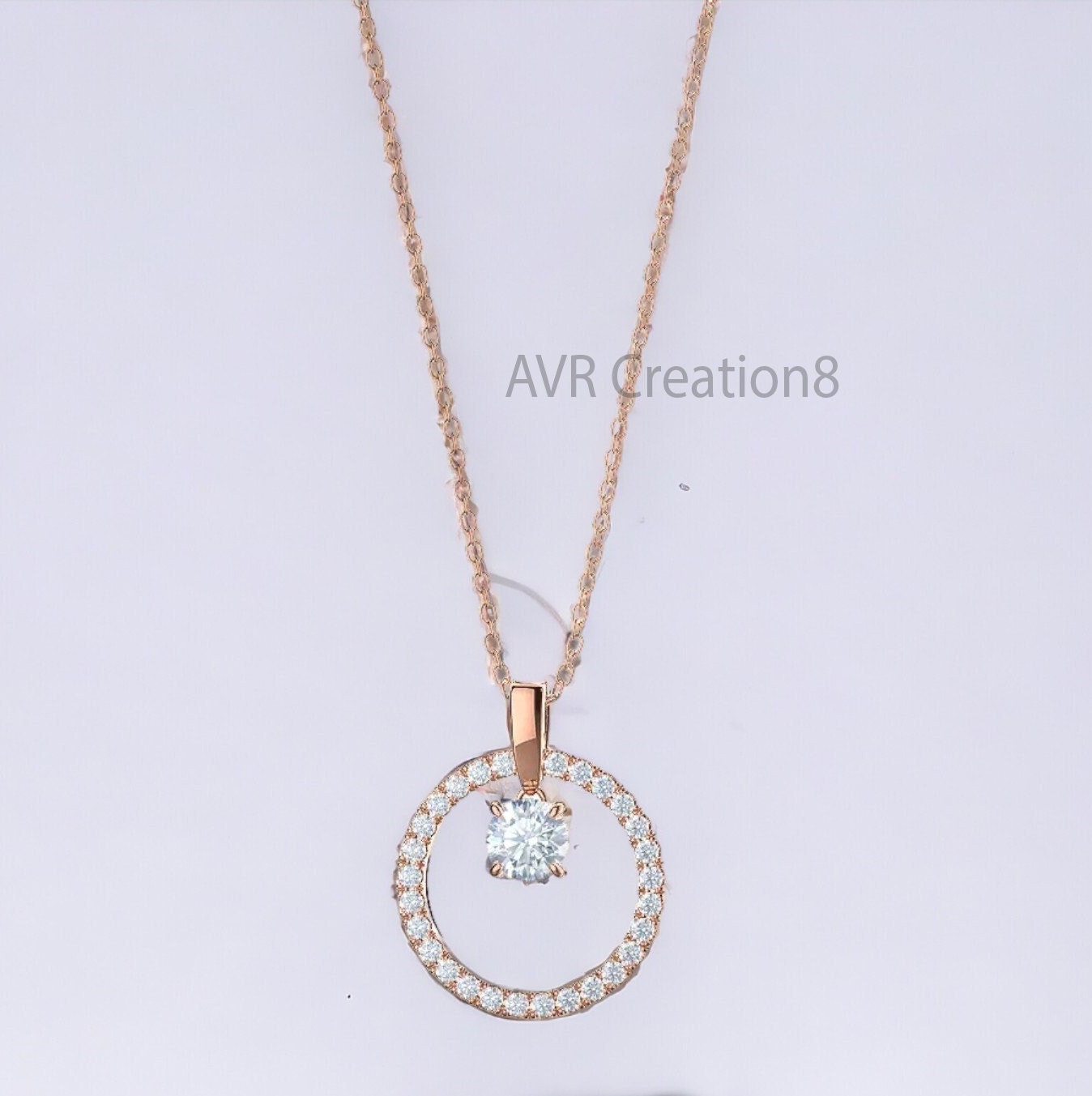 Diamond Pendant Necklace, Dainty Circle Round Necklace, Pendant For Women Daily Use Pendant, 14K Rose Gold Plated, Anniversary Gifts For Her