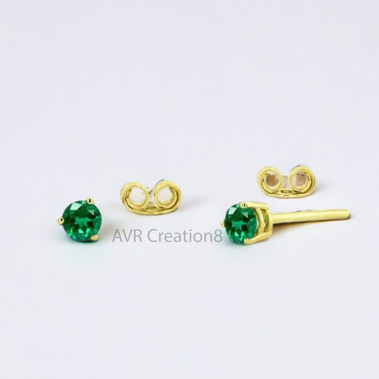 Tiny Green Emerald Diamond Stud Earrings For Her, May Gemstone Earrings, Daily Use Stud Earring, 925 Sterling Silver, Gifts For Girlfriend