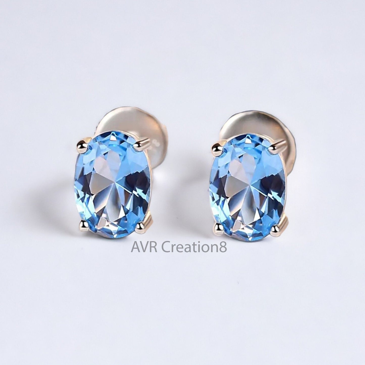 Blue Topaz Oval Cut Gemstone Stud Earrings For Her, Blue Birthstone Earring, Minimalist Earrings, 925 Sterling Silver, Gifts For Girlfriend