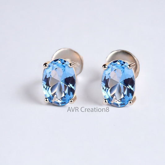 Blue Topaz Oval Cut Gemstone Stud Earrings For Her, Blue Birthstone Earring, Minimalist Earrings, 925 Sterling Silver, Gifts For Girlfriend
