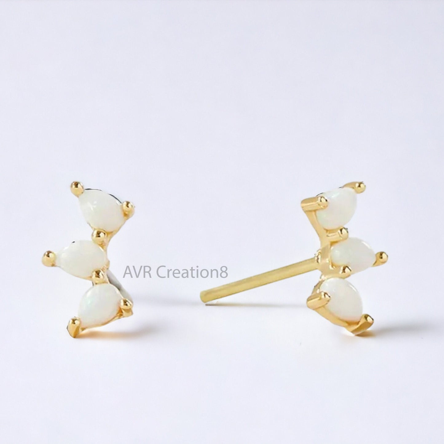 Pear Cut Three Opal Diamond Stud Earrings For Women, Daily Use Stud Earring, Minimalist Earrings, 925 Sterling Silver, Gifts For Girlfriend