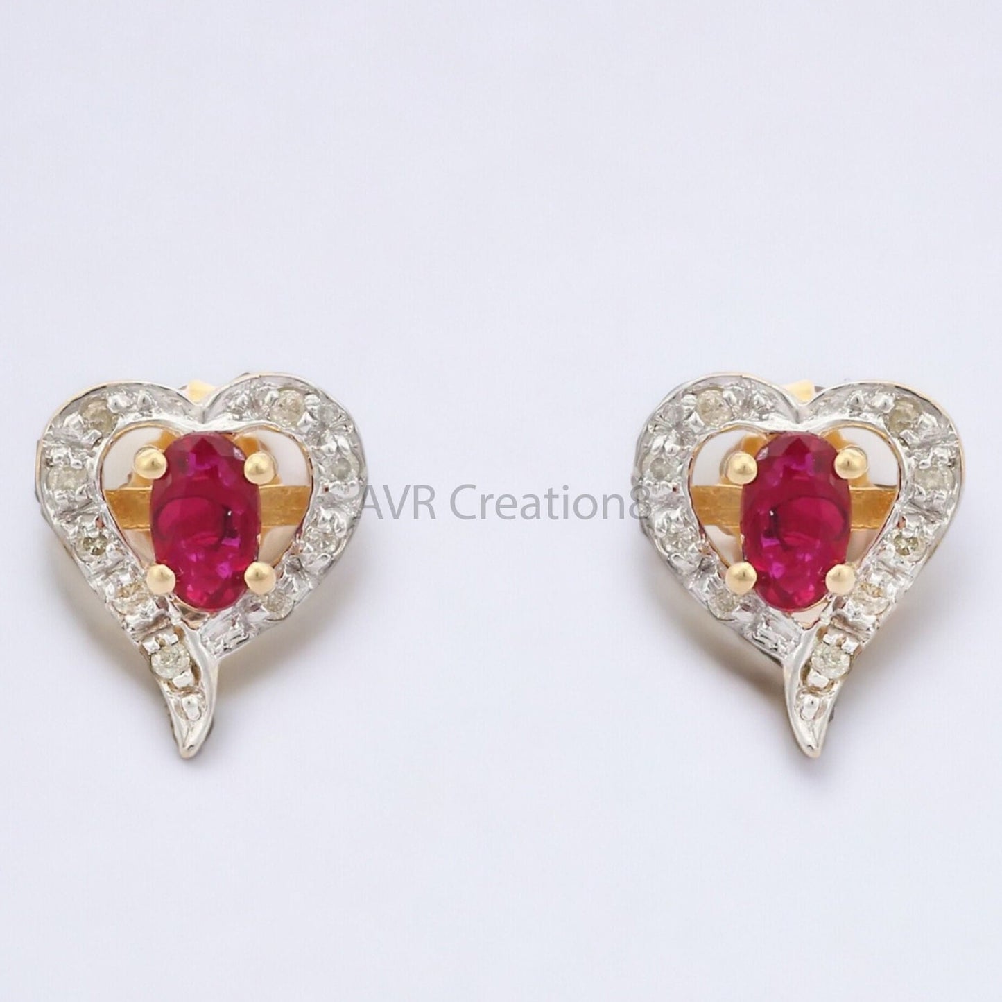 Heart Shape Oval Cut Red Ruby & Diamond Stud Earrings For Women, Minimalist Earrings, 14K Yellow Gold Plated, Mothers Day Gifts Earrings