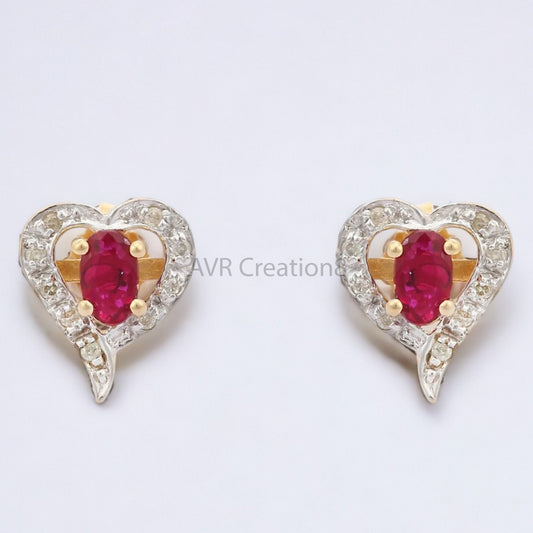Heart Shape Oval Cut Red Ruby & Diamond Stud Earrings For Women, Minimalist Earrings, 14K Yellow Gold Plated, Mothers Day Gifts Earrings
