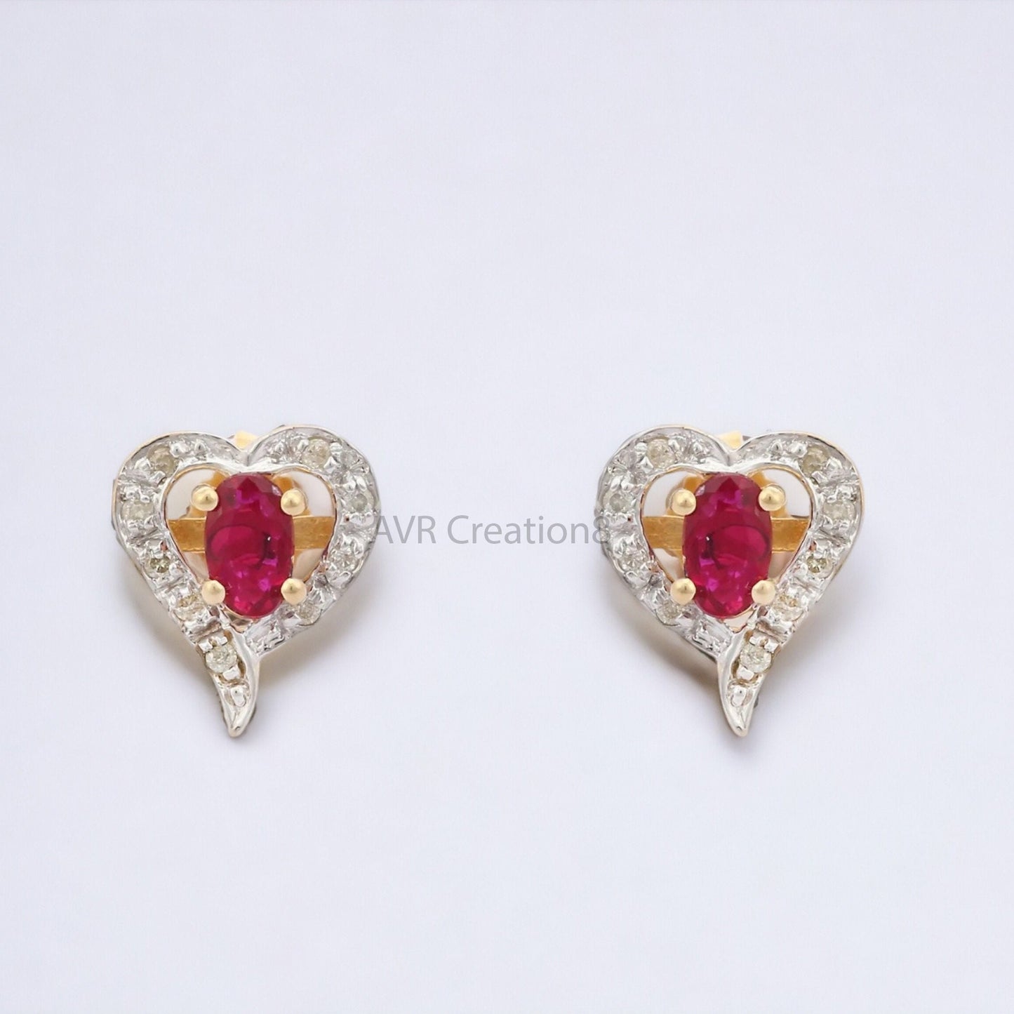 Heart Shape Oval Cut Red Ruby & Diamond Stud Earrings For Women, Minimalist Earrings, 14K Yellow Gold Plated, Mothers Day Gifts Earrings