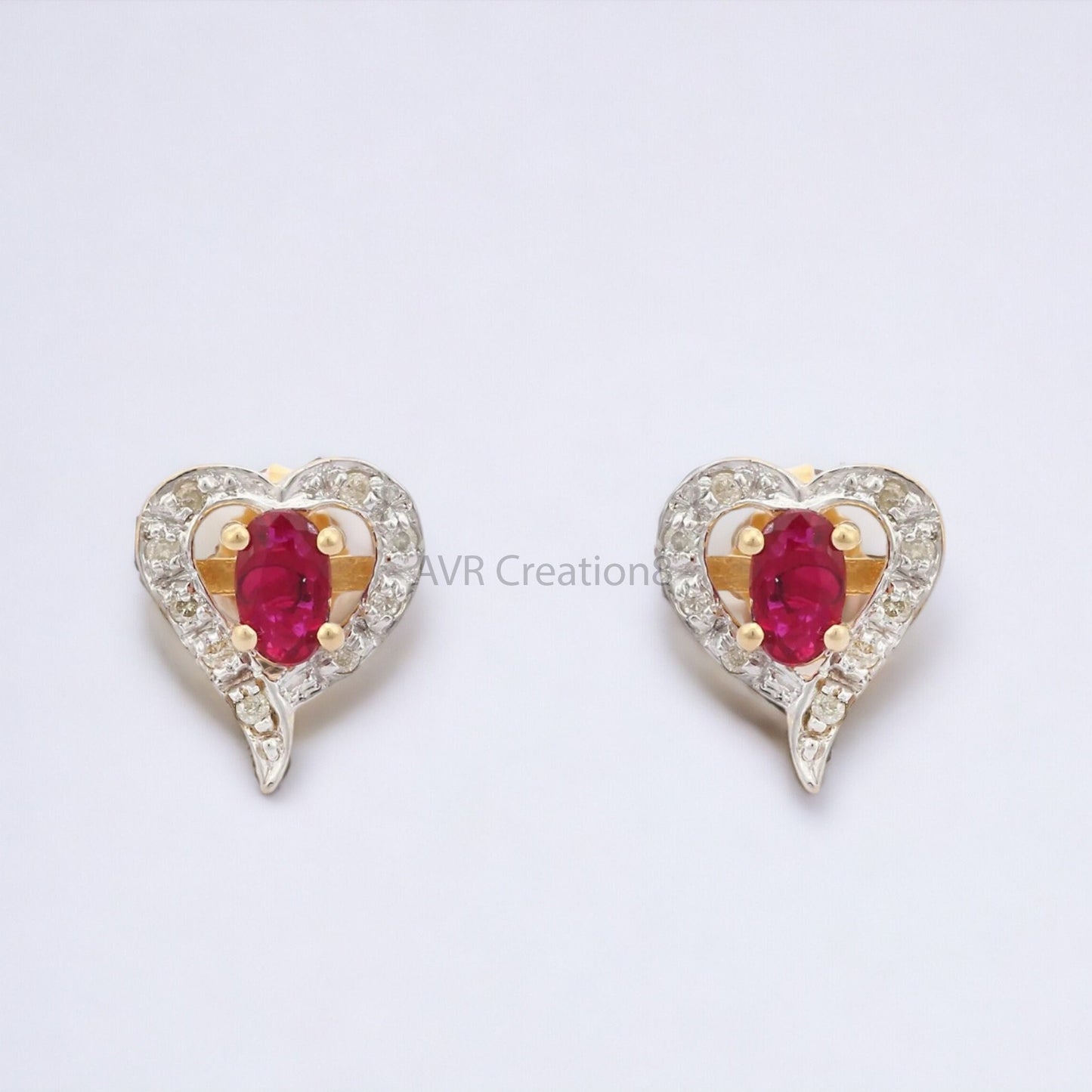 Heart Shape Oval Cut Red Ruby & Diamond Stud Earrings For Women, Minimalist Earrings, 14K Yellow Gold Plated, Mothers Day Gifts Earrings