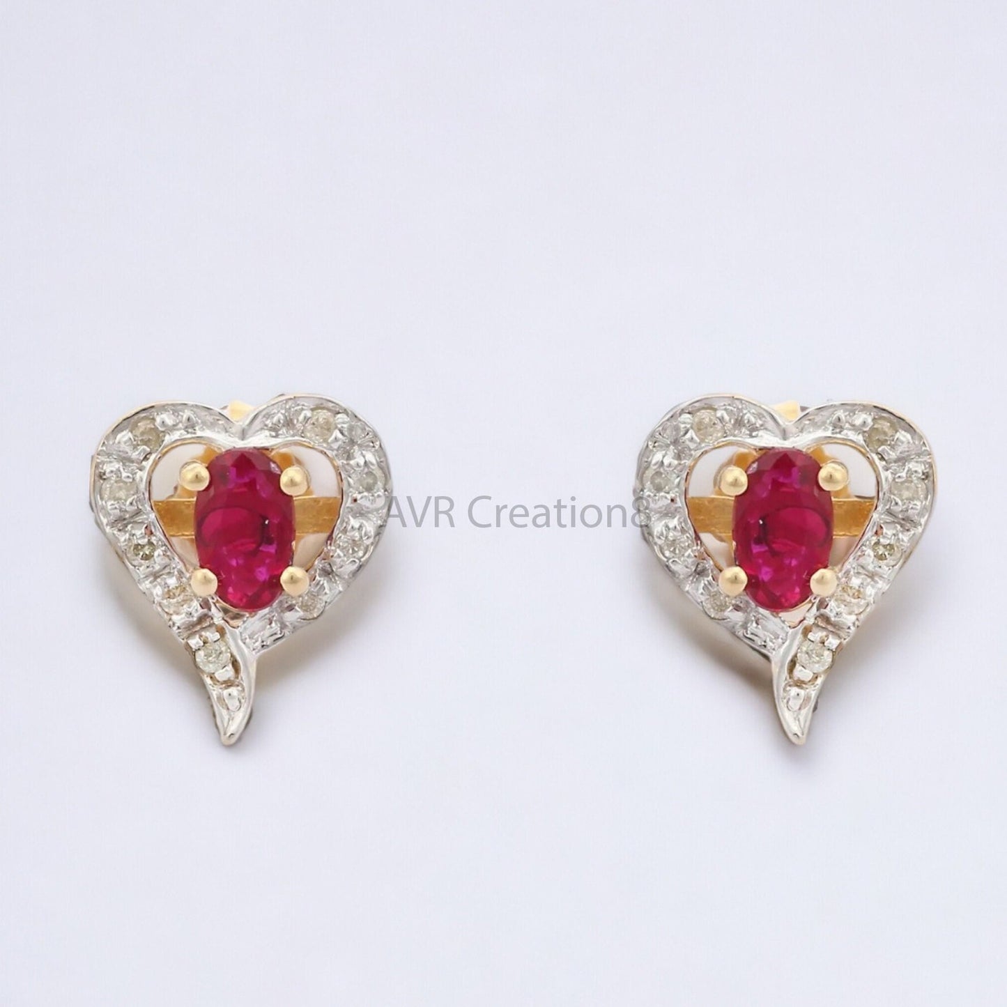 Heart Shape Oval Cut Red Ruby & Diamond Stud Earrings For Women, Minimalist Earrings, 14K Yellow Gold Plated, Mothers Day Gifts Earrings