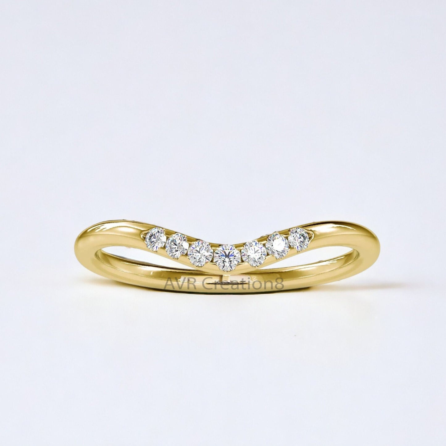 Curved Diamond Ring, Minimalist "V" Shape Diamond Wedding Ring, 14k Yellow Gold Stackable Band, Gift for Women, Anniversary Wedding Band