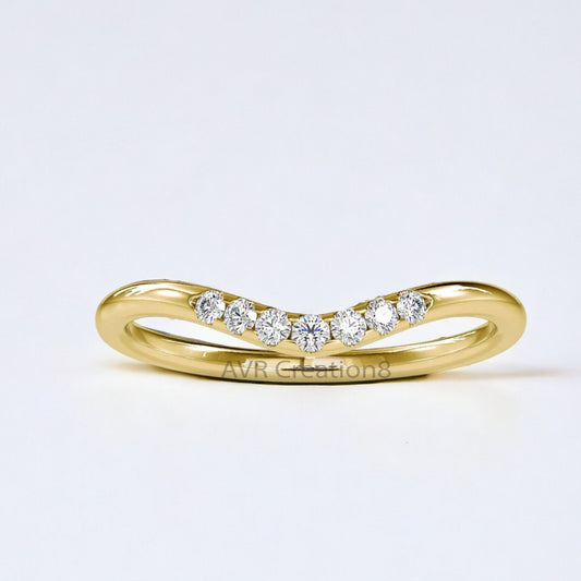 Curved Diamond Ring, Minimalist "V" Shape Diamond Wedding Ring, 14k Yellow Gold Stackable Band, Gift for Women, Anniversary Wedding Band