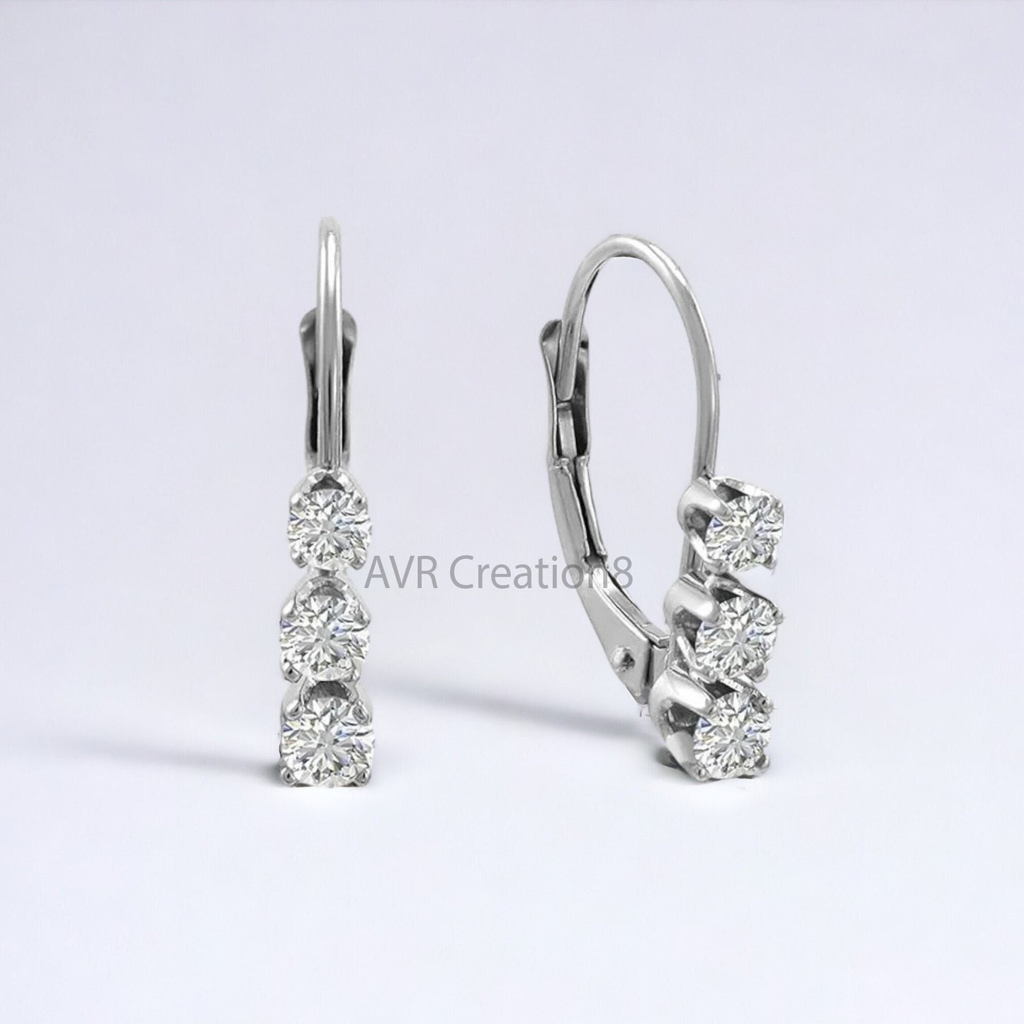 Three Stone Round Cut Dainty Diamond Huggie Hoop Earrings For Women, Minimalist Earrings, 14K White Gold Plated, Mothers Day Gifts Earrings