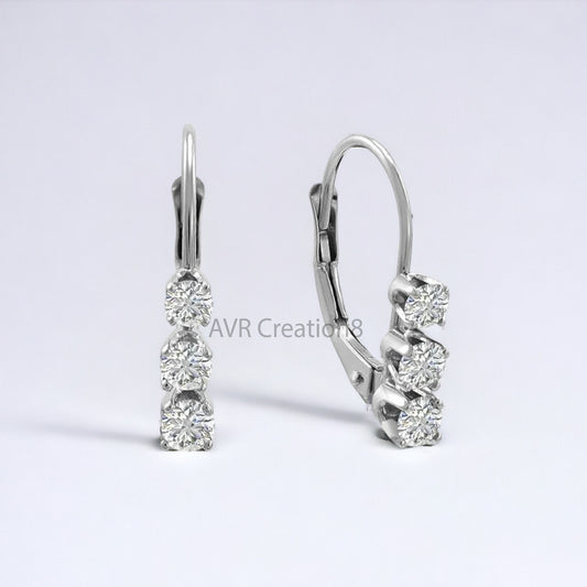 Three Stone Round Cut Dainty Diamond Huggie Hoop Earrings For Women, Minimalist Earrings, 14K White Gold Plated, Mothers Day Gifts Earrings