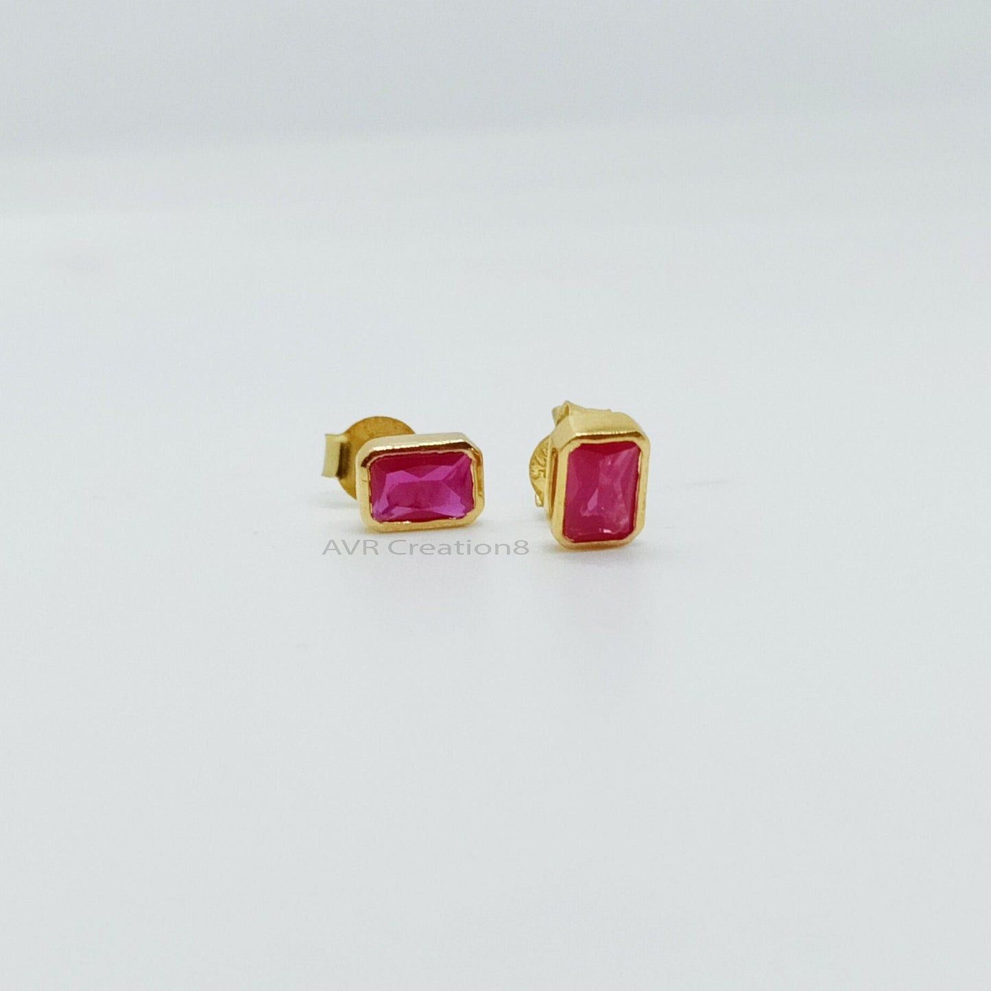 Bezel Set Pink Ruby Emerald Cut Stud Earrings | Dainty Gemstone Studs | 925 Sterling Silver | Pink Birthstone Gifts | Gifts For Girlfriend