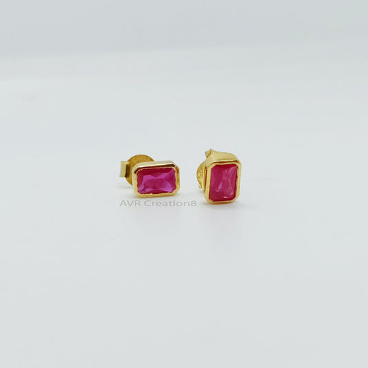 Bezel Set Pink Ruby Emerald Cut Stud Earrings | Dainty Gemstone Studs | 925 Sterling Silver | Pink Birthstone Gifts | Gifts For Girlfriend