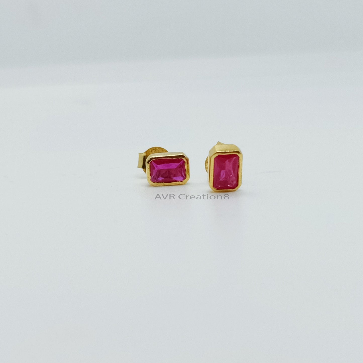 Bezel Set Pink Ruby Emerald Cut Stud Earrings | Dainty Gemstone Studs | 925 Sterling Silver | Pink Birthstone Gifts | Gifts For Girlfriend