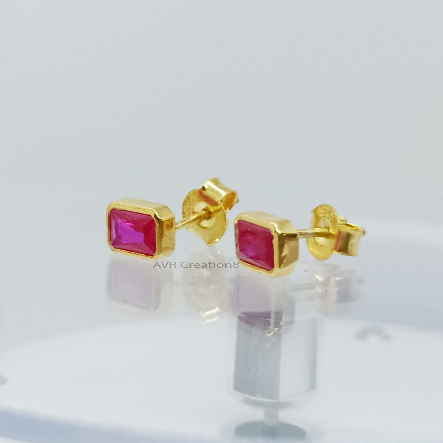 Bezel Set Pink Ruby Emerald Cut Stud Earrings | Dainty Gemstone Studs | 925 Sterling Silver | Pink Birthstone Gifts | Gifts For Girlfriend