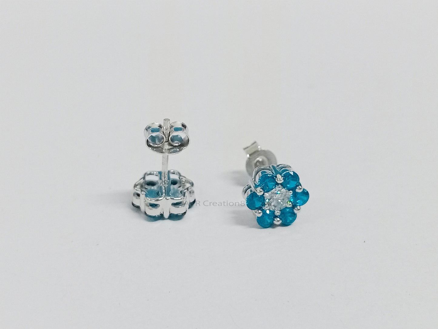Flower Shape Blue Topaz Stud Earrings, Topaz & Diamond Earrings, Gemstone Earring, Blue Birthstone Earrings, Handmade Gifts, Gift For Women
