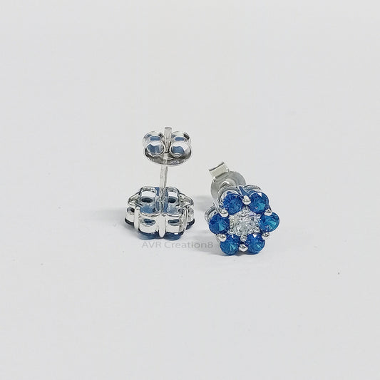 Blue Sapphire Round Halo Earrings | Floral Stud Earrings | September Birthstone Earrings | 925 Sterling Silver | Bridesmaid Gift for Her