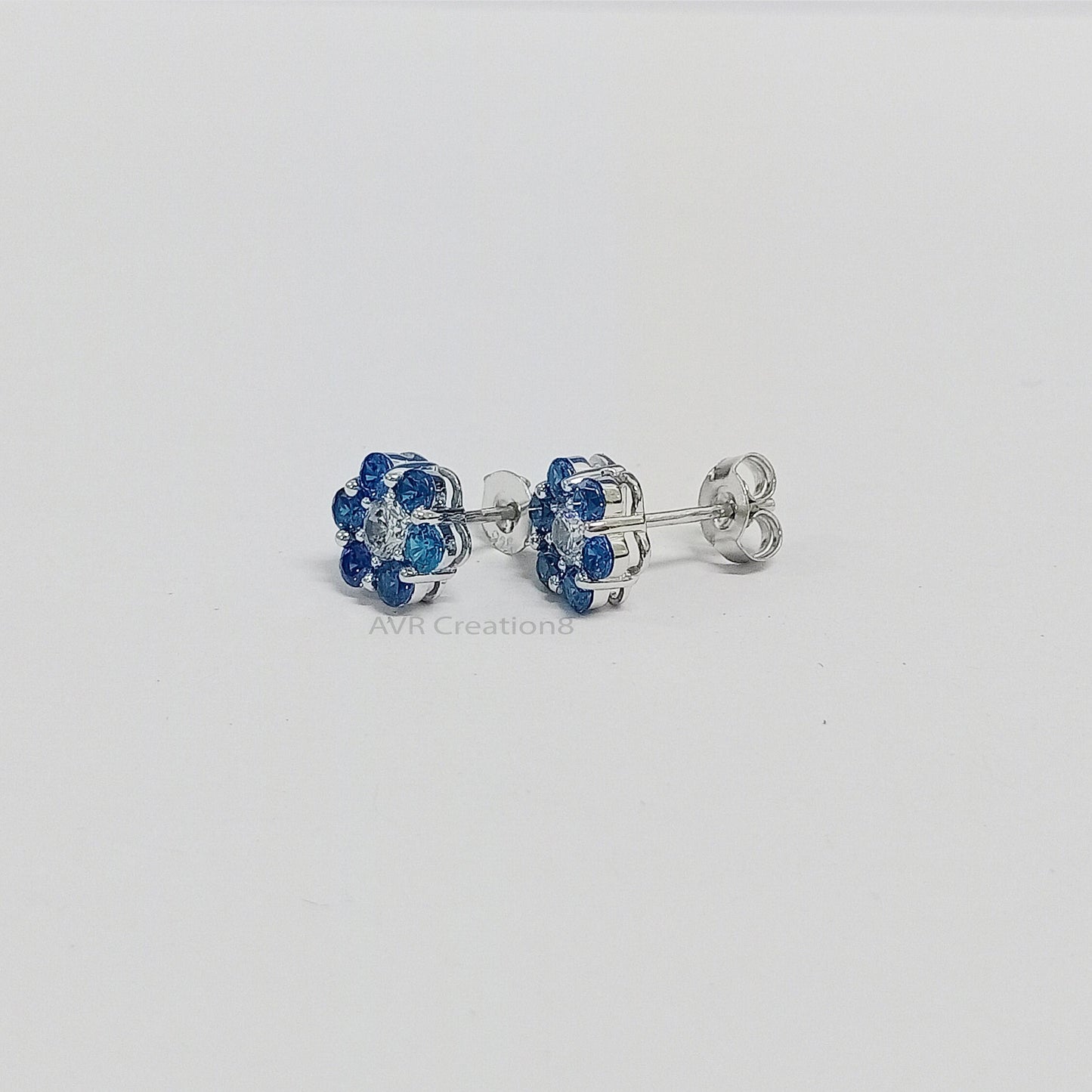Blue Sapphire Round Halo Earrings | Floral Stud Earrings | September Birthstone Earrings | 925 Sterling Silver | Bridesmaid Gift for Her