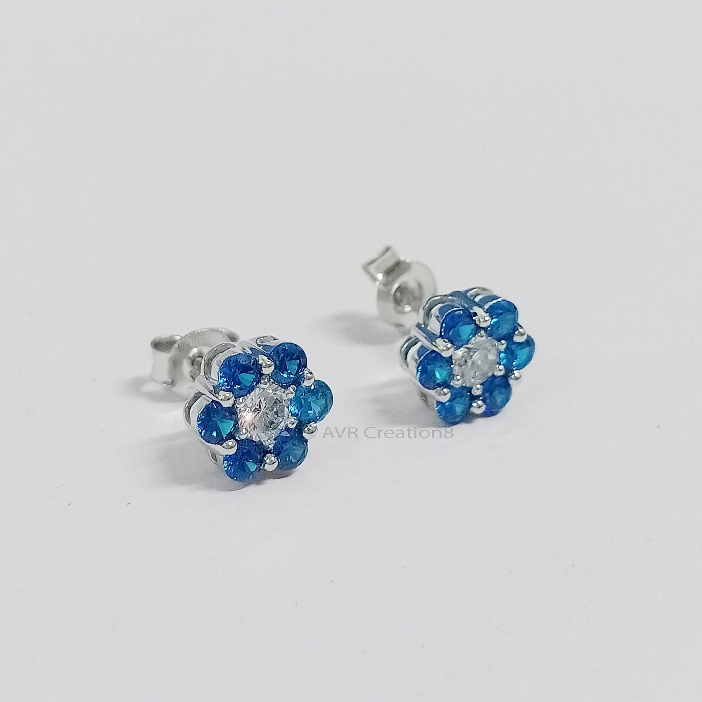Blue Sapphire Round Halo Earrings | Floral Stud Earrings | September Birthstone Earrings | 925 Sterling Silver | Bridesmaid Gift for Her