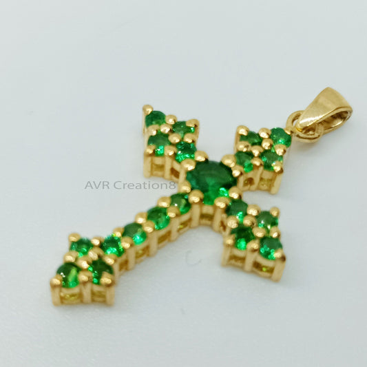 Green Emerald Cross Necklace Pendant | May Birthstone Pendant | 14K Yellow Gold Plated | Gemstone Pendant | Anniversary Gifts For Women