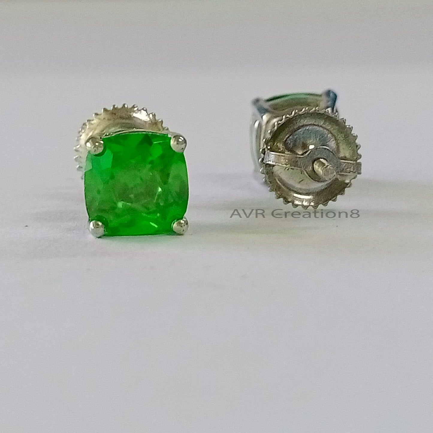 Cushion Cut Green Emerald Solitaire Stud Earrings, May Birthstone Earrings, Minimalist Gemstone Earrings, 925 Sterling Silver, Gifts For Her