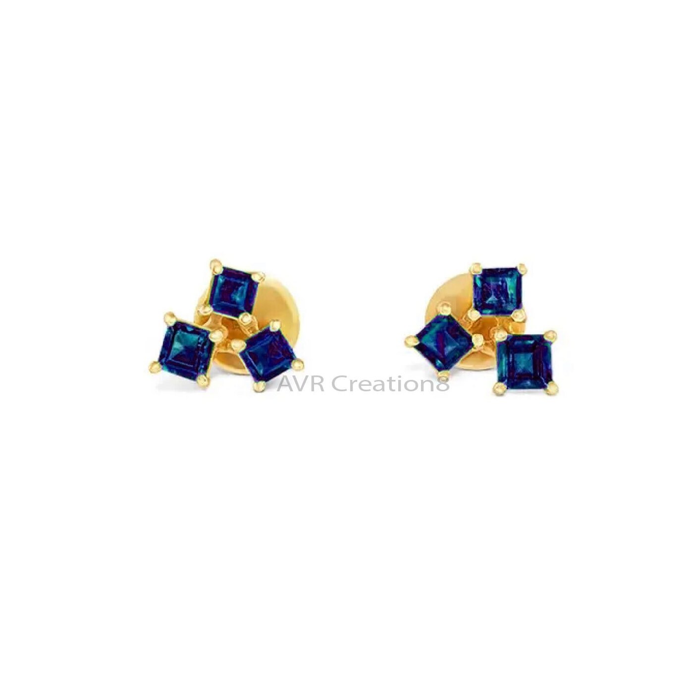 Princess Cut Blue Sapphire Stud Earrings, September Birthstone Earrings, 14k Yellow Gold Plated, Push Back Earrings, Earrings For women