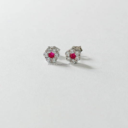 Dainty Stud Earrings, Ruby & Diamond Halo Stud Earrings, Flower Stud Earrings, Diamond Earrings, Gemstone Earrings, Anniversary Gift For Her