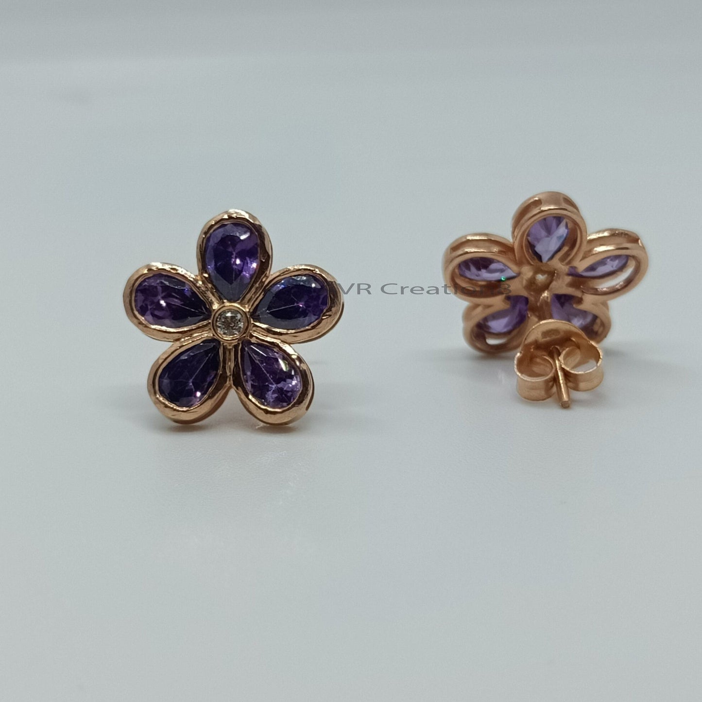 Purple Amethyst Flower Stud Earrings | Flower Shape Stud | 925 Sterling Silver | Pushback Earrings | Minimalist Earrings | Anniversary Gifts