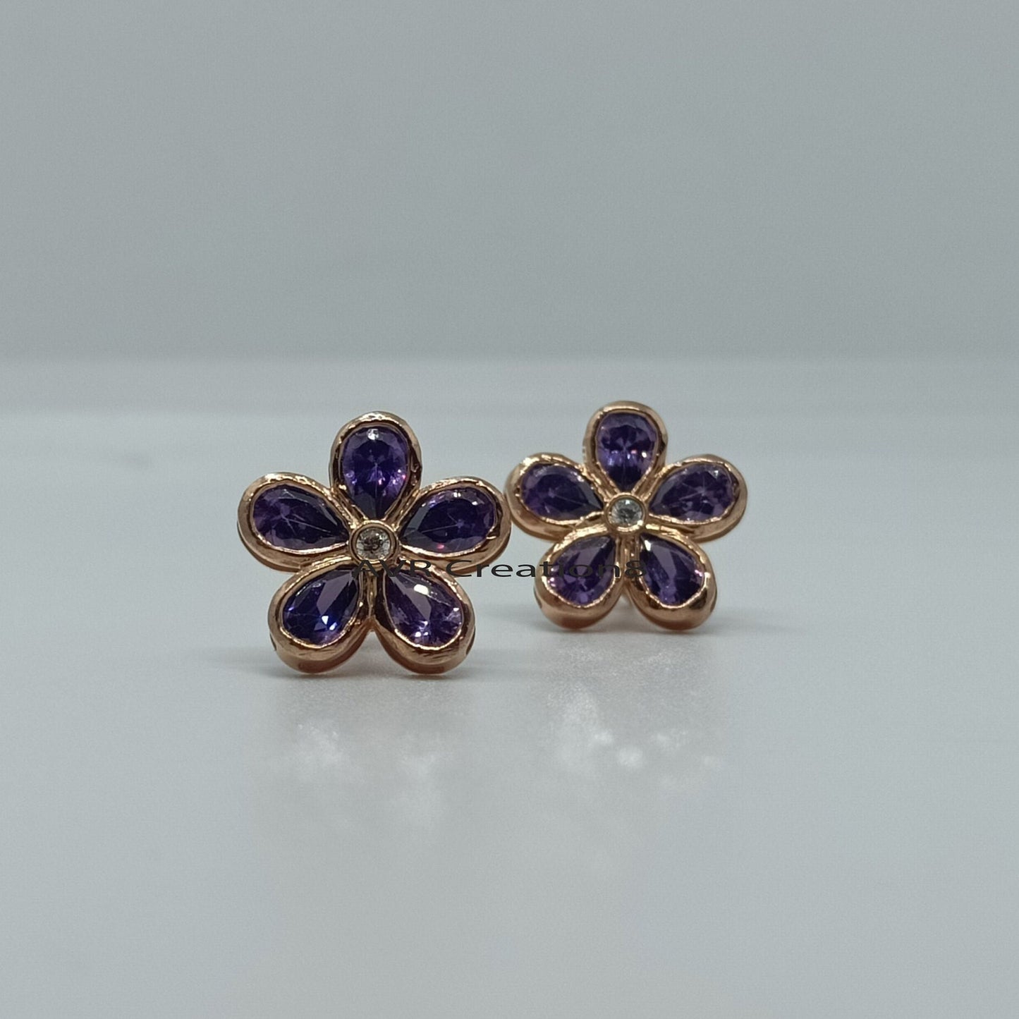 Purple Amethyst Flower Stud Earrings | Flower Shape Stud | 925 Sterling Silver | Pushback Earrings | Minimalist Earrings | Anniversary Gifts
