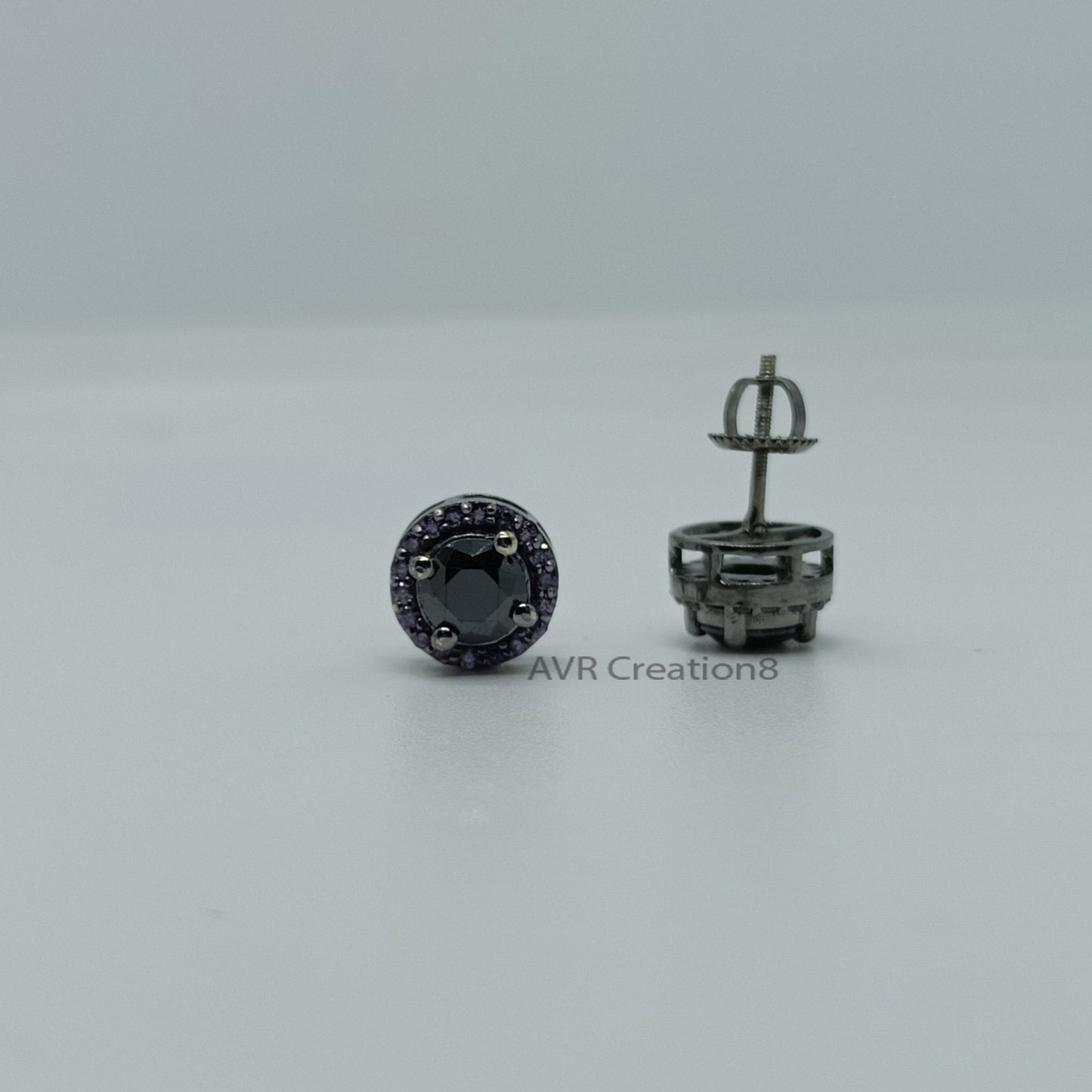 Black Diamond & Purple Amethyst Halo Gemstone Stud Earrings | Round Cut Stud Earrings | Minimalist Handmade Earrings | Anniversary Gifts