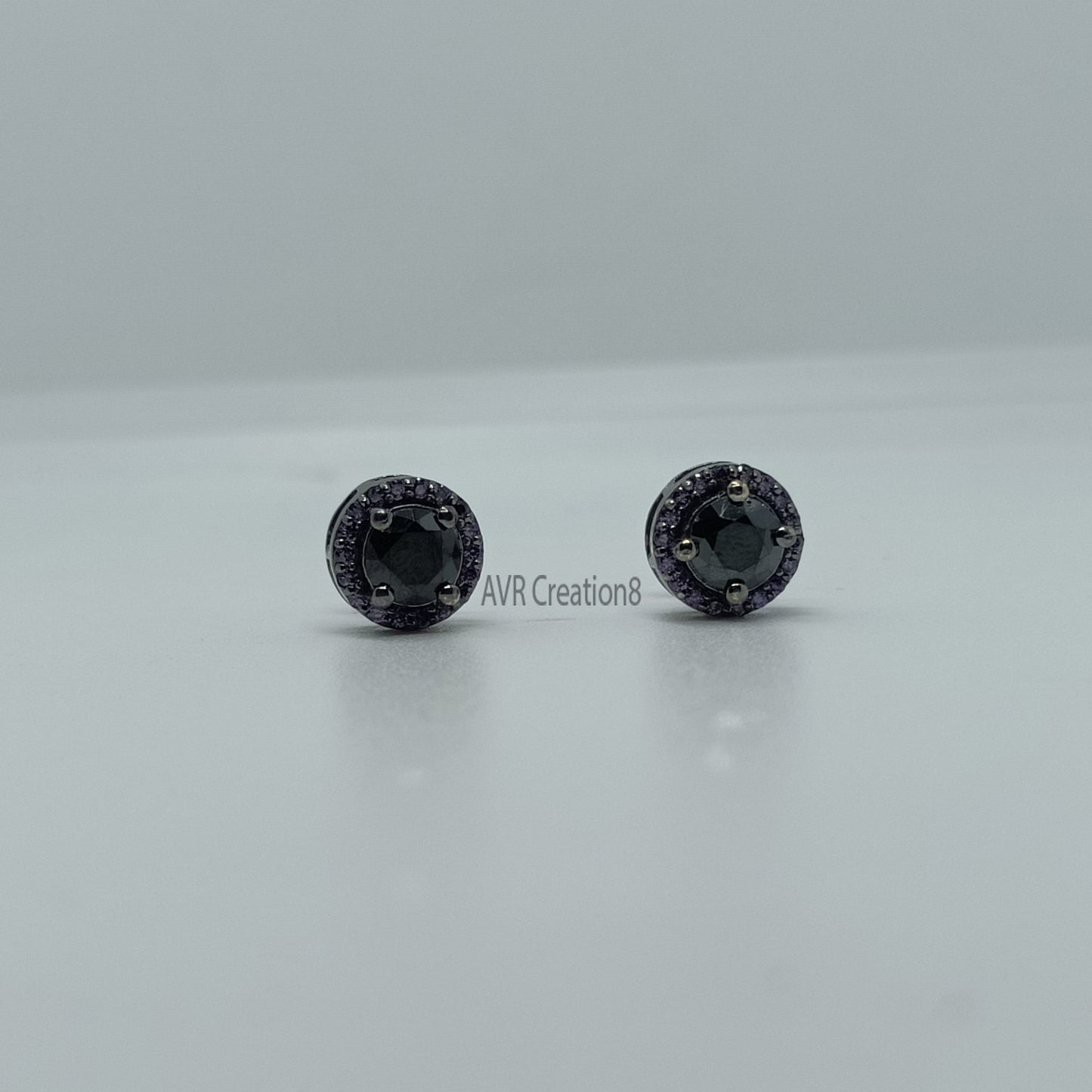 Black Diamond & Purple Amethyst Halo Gemstone Stud Earrings | Round Cut Stud Earrings | Minimalist Handmade Earrings | Anniversary Gifts