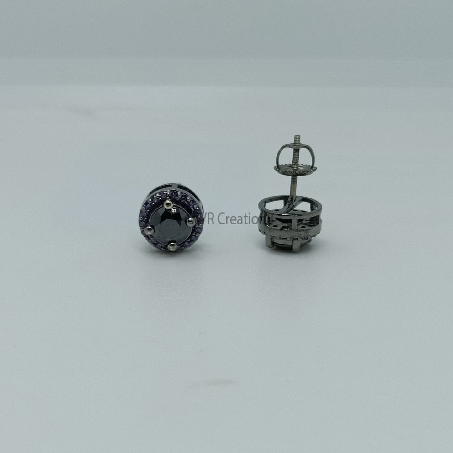 Black Diamond & Purple Amethyst Halo Gemstone Stud Earrings | Round Cut Stud Earrings | Minimalist Handmade Earrings | Anniversary Gifts