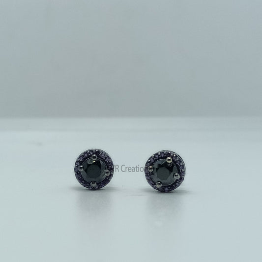 Black Diamond & Purple Amethyst Halo Gemstone Stud Earrings | Round Cut Stud Earrings | Minimalist Handmade Earrings | Anniversary Gifts