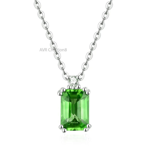 Green Emerald With Diamond Pendant For Women, Emerald Solitaire Pendant, May Birthstone Pendant, Anniversary Gifts, 14k White Gold Plated